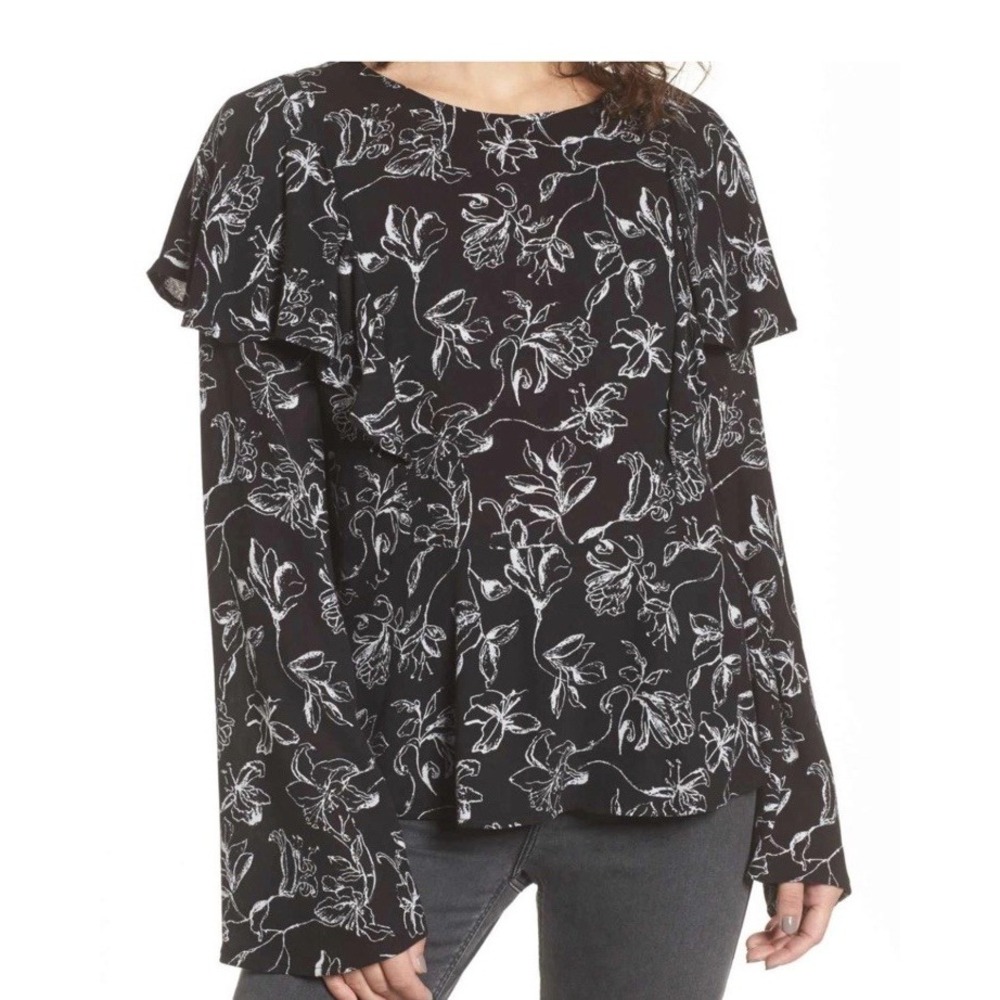 Thakoon Black Floral Print Ruffled Sleeve Button Up Shirt Size XS Runs Large NWT